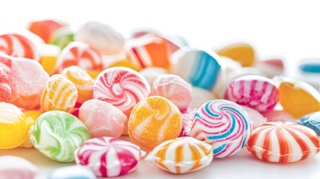 Assorted wrapped candies in various colors, piled in a heap on a bright white surfaceの素材