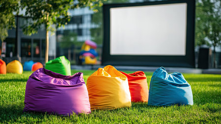 Bright bean bags in various colors arranged on green grass, facing an empty outdoor movie screenの素材