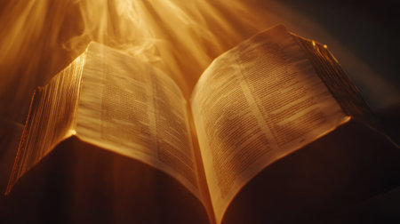 Close-up of an open book, illuminated by a dramatic light beam, with pages softly curvedの素材