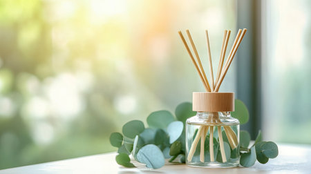 Bamboo stick air freshener bottle on a table with eucalyptus branches, soft natural lightの素材