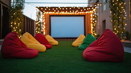 Bean bags in shades of red, yellow, and green on green grass, with string lights framing the screenの素材
