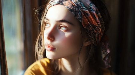 Close-up of a young woman in a patterned headband, looking thoughtfully out a window with natural light softly illuminating her faceの素材