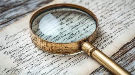 A magnifying glass on an antique letter, showing old handwriting in detail, creating a vintage atmosphereの素材