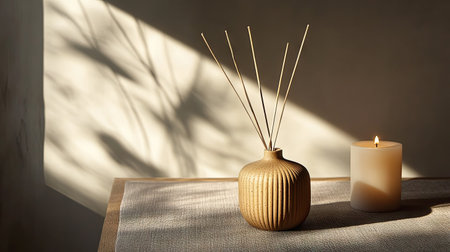 Bamboo stick air freshener in a minimalist setting, on a neutral-toned table with a single candleの素材