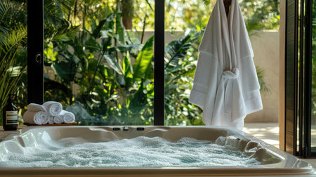Bathrobes on a hook near a luxurious whirlpool filled with bubbles, surrounded by tropical plantsの素材