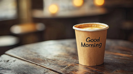 A paper cup of coffee with Good Morning written on it, set on a rustic wooden table with warm lightingの素材