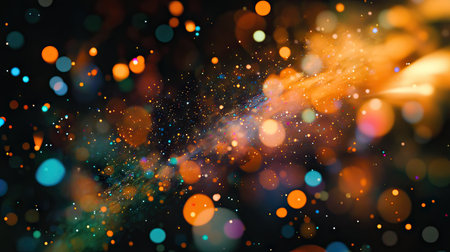 Brightly colored fireworks cascading in the night sky, with orange, blue, and green highlightsの素材