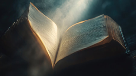 Close-up of an open book under a warm beam of light, pages glowing against a dark backdropの素材