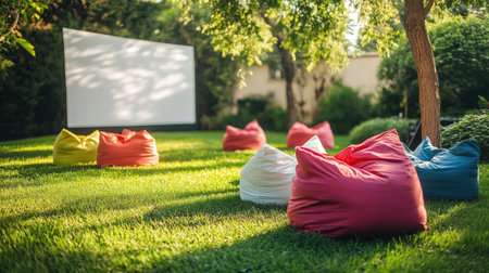 Cheerful bean bags and a white projector screen set up on a lush green lawn in an open-air cinemaの素材