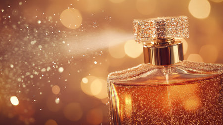 Close-up of a luxury perfume bottle being sprayed, with tiny droplets sparkling in a warm backgroundの素材