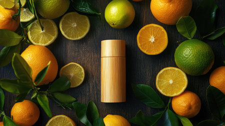 Bamboo air freshener bottle surrounded by fresh citrus fruits, creating a vibrant, natural vibeの素材