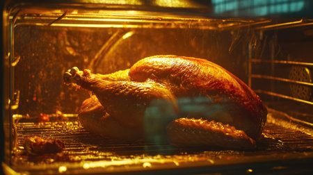 Close-up of a whole roasted turkey inside an oven, juices glistening under the oven lightの素材
