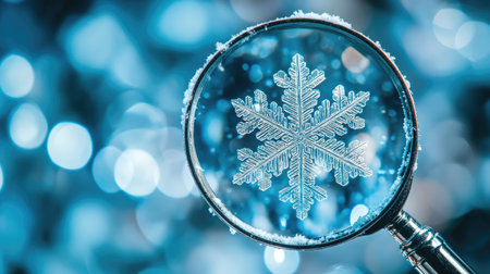 Close-up of a magnifying glass enlarging the delicate features of a snowflake, against a winter backgroundの素材