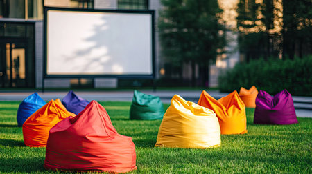Bright bean bags in various colors arranged on green grass, facing an empty outdoor movie screenの素材