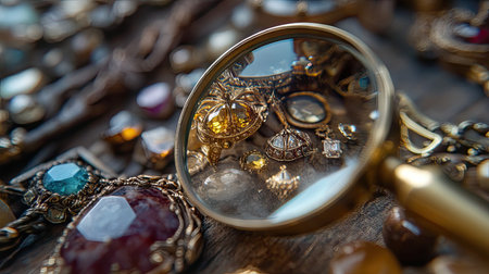 Close-up of magnifying glass enlarging jewelry details, emphasizing gemstones and craftsmanshipの素材