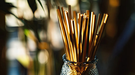 Close-up of bamboo sticks in an elegant bottle, with light creating reflections on the glassの素材