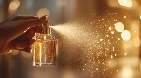 Close-up of luxury perfume bottle, hand spraying mist that sparkles in soft golden lightの素材