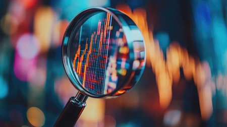 Close-up of magnifying glass enlarging currency details, symbolizing financial analysis and securityの素材