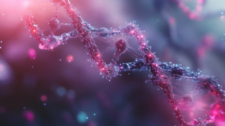 Close-up of futuristic DNA strands with digital particles and molecular symbols, symbolizing bioengineeringの素材