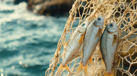Close-up of fish drying on a net in the sea breeze, with gentle waves in the backgroundの素材