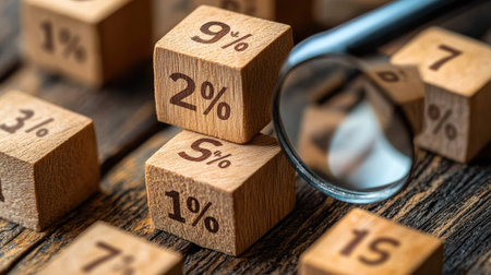 Close-up of percent-marked wooden cubes with a magnifying glass focusing on one, illustrating analysisの素材