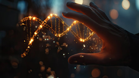 Close-up of scientist's hand reaching towards a D DNA model with glowing particles, symbolizing genetic researchの素材