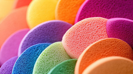 Close-up of colorful makeup sponges in rainbow hues, side-by-side, creating a soft textureの素材