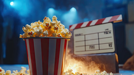 Close-up of popcorn bucket with clapperboard in the background, creating a cinema vibeの素材