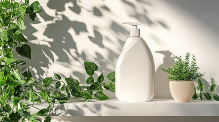 Detergent bottle on a shelf with green plants around, creating an eco-friendly, clean vibeの素材