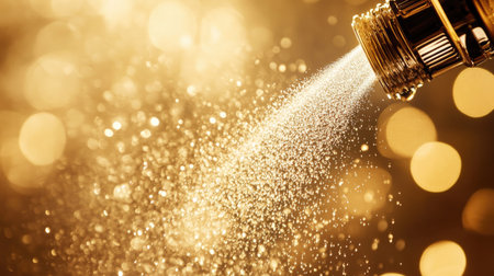 Close-up of perfume spray nozzle mid-spray, creating a cloud of fine droplets in soft golden lightの素材