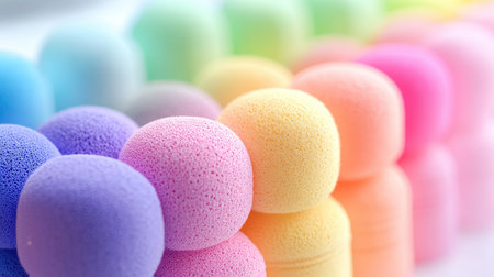 Close-up of rainbow-colored makeup sponges in a neat line, with soft focus and bright lightingの素材