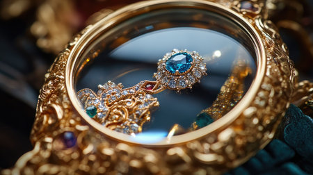 Close-up of magnifying glass enlarging jewelry details, emphasizing gemstones and craftsmanshipの素材