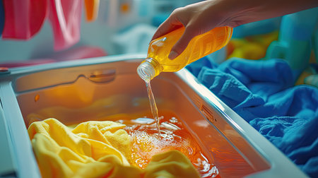 Close-up of hands pouring liquid detergent into washing machine drawer, background shows vibrant laundry itemsの素材