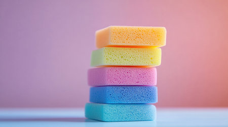 Colorful makeup sponges stacked in rainbow layers, creating a playful composition on a plain surfaceの素材