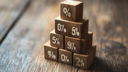 Close-up of wooden cubes with percent signs, stacked in a pyramid on a wooden table, representing financial growthの素材