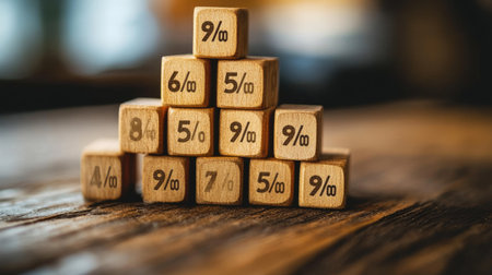 Close-up of wooden cubes with percent signs, stacked in a pyramid on a wooden table, representing financial growthの素材