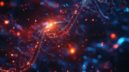 Close-up of DNA strands and molecular structures glowing on a dark background, depicting genetic modificationの素材