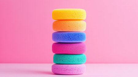Colorful makeup sponges stacked in rainbow layers, creating a playful composition on a plain surfaceの素材