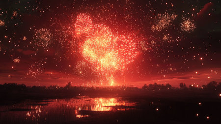 Fireworks in red and gold lighting up the night, with sparkles raining down over a calm landscapeの素材