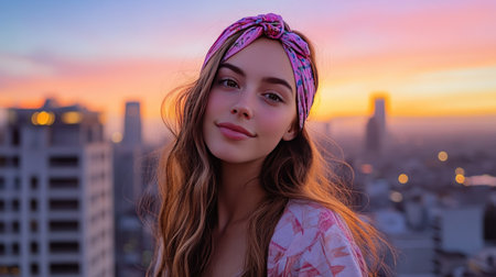 Close-up of young woman with headband, standing on a city rooftop at sunset, enjoying the panoramic view of the skylineの素材