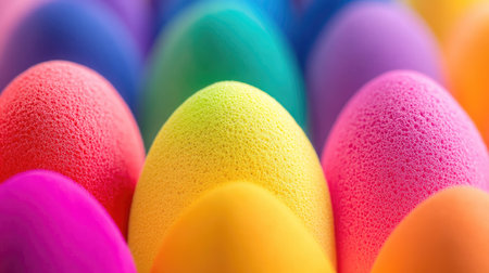 Close-up of vibrant makeup sponges lined up in rainbow order, creating a gradient effectの素材