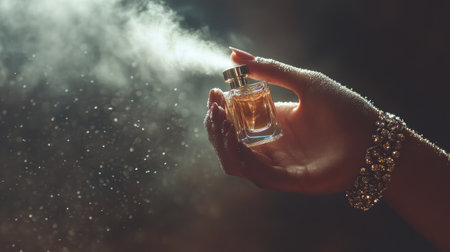 Elegant woman's hand with jewelry spraying luxury perfume, creating a beautiful mist in soft lightingの素材