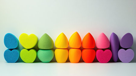 Different shapes of rainbow makeup sponges arranged in a gradient on a plain backgroundの素材