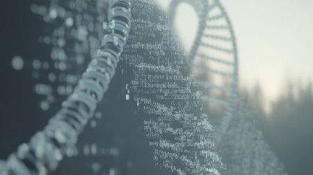 Digital DNA sequence floating in the air with code overlay, representing genetic engineering and bioinformaticsの素材