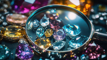 Close-up of magnifying glass enlarging jewelry details, emphasizing gemstones and craftsmanshipの素材