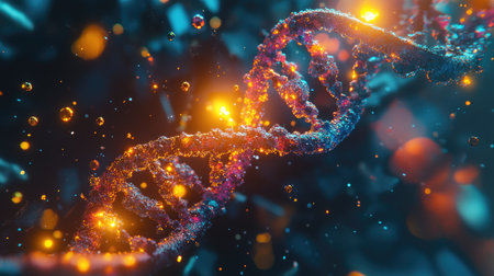 DNA strand with glowing particles and molecular symbols, representing the science of genetic engineeringの素材