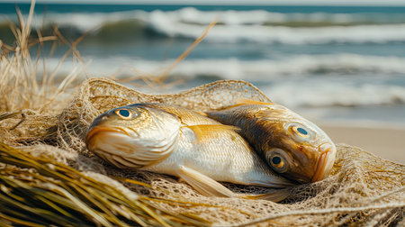 Fish drying on a net, with beach grass and ocean waves visible behind themの素材