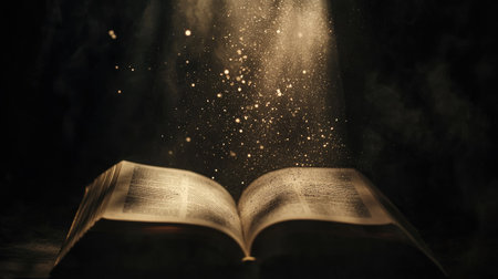 Dust particles visible in the light beam above an open book, against a dark backgroundの素材