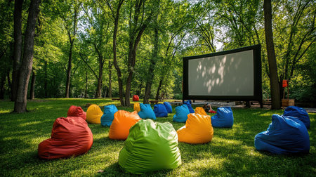 Colorful bean bags and a projector screen in an open park, trees in the background, ready for a movie nightの素材