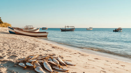 Fish drying on a beach under a clear sky, gentle sea wind blowing over them with boats anchored in the distanceの素材